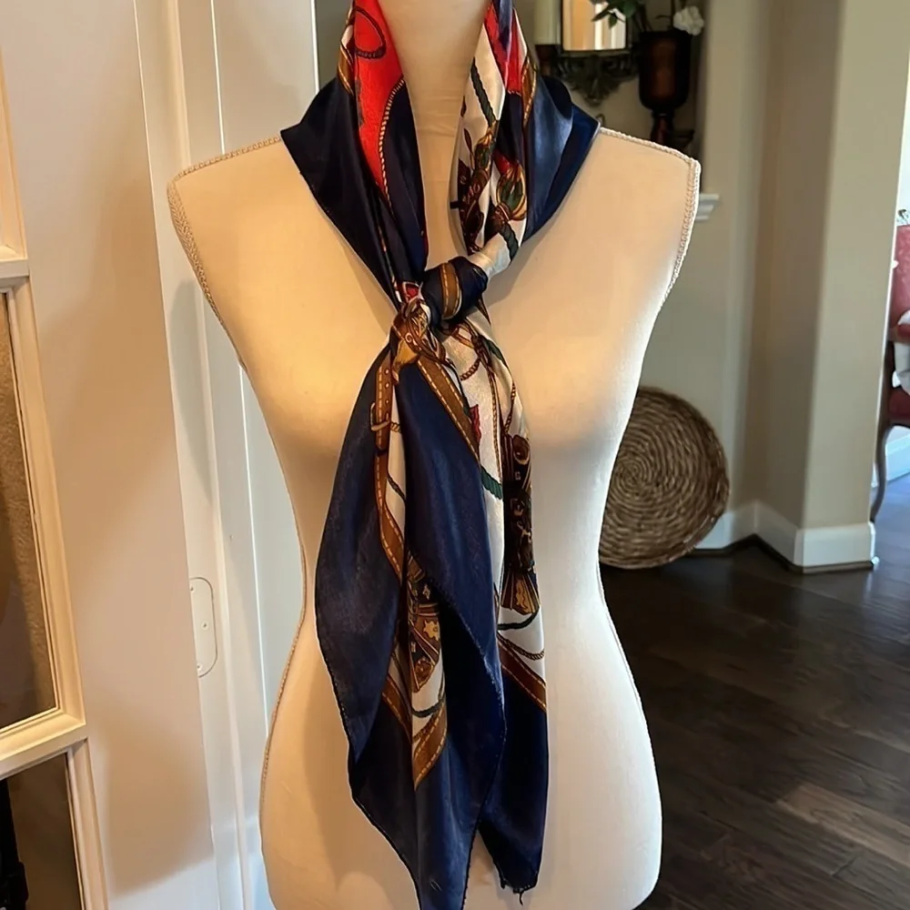 Scarf Green Navy Blue Red Gold Vintage 36” x 36” Soft Luxury Colors